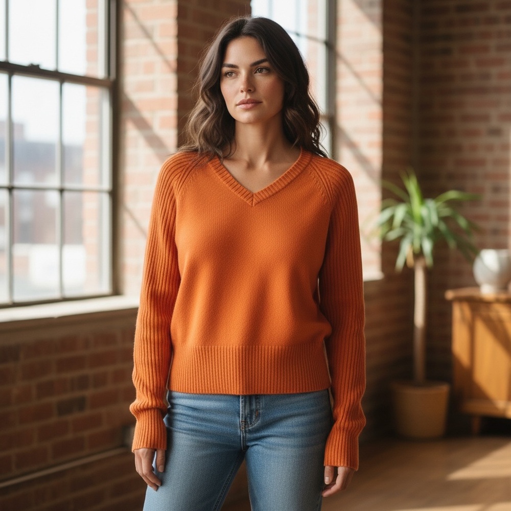 Oxford & Fulham Women's Small Orange V-Neck Sweater 100% Cotton Ribbed